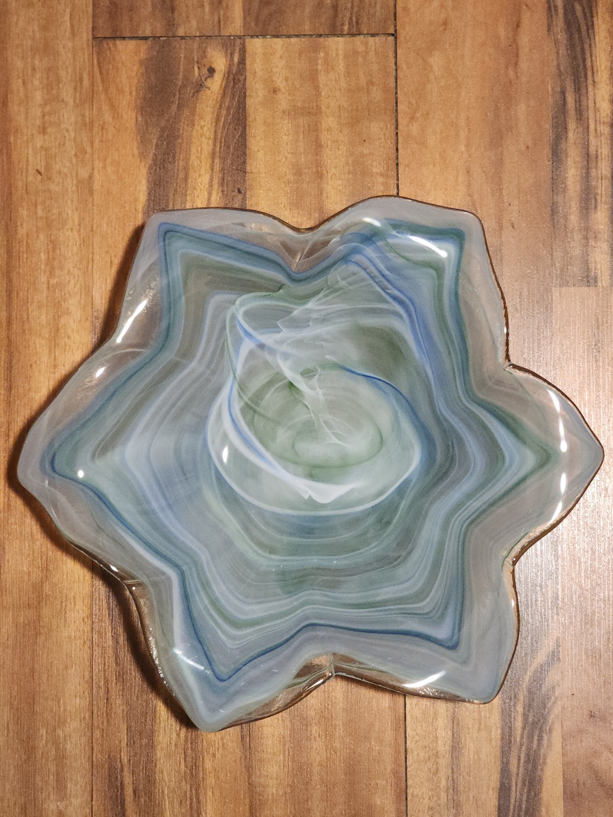 Vintage Murano Style Art Glass Swirl Bowl - Blue/Green/White Scalloped 14"
