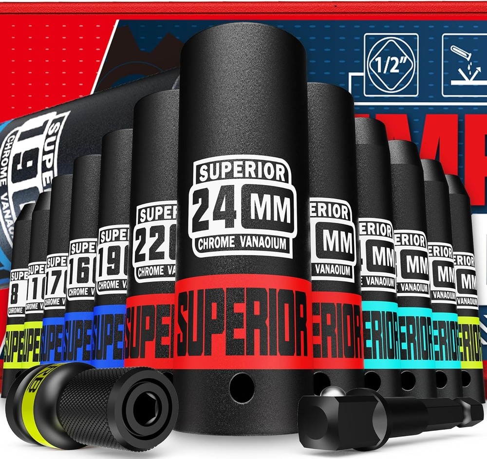 14 Piece 1/2" Drive Impact Socket Set, 8 mm - 22 mm Deep Socket, Metric Socket