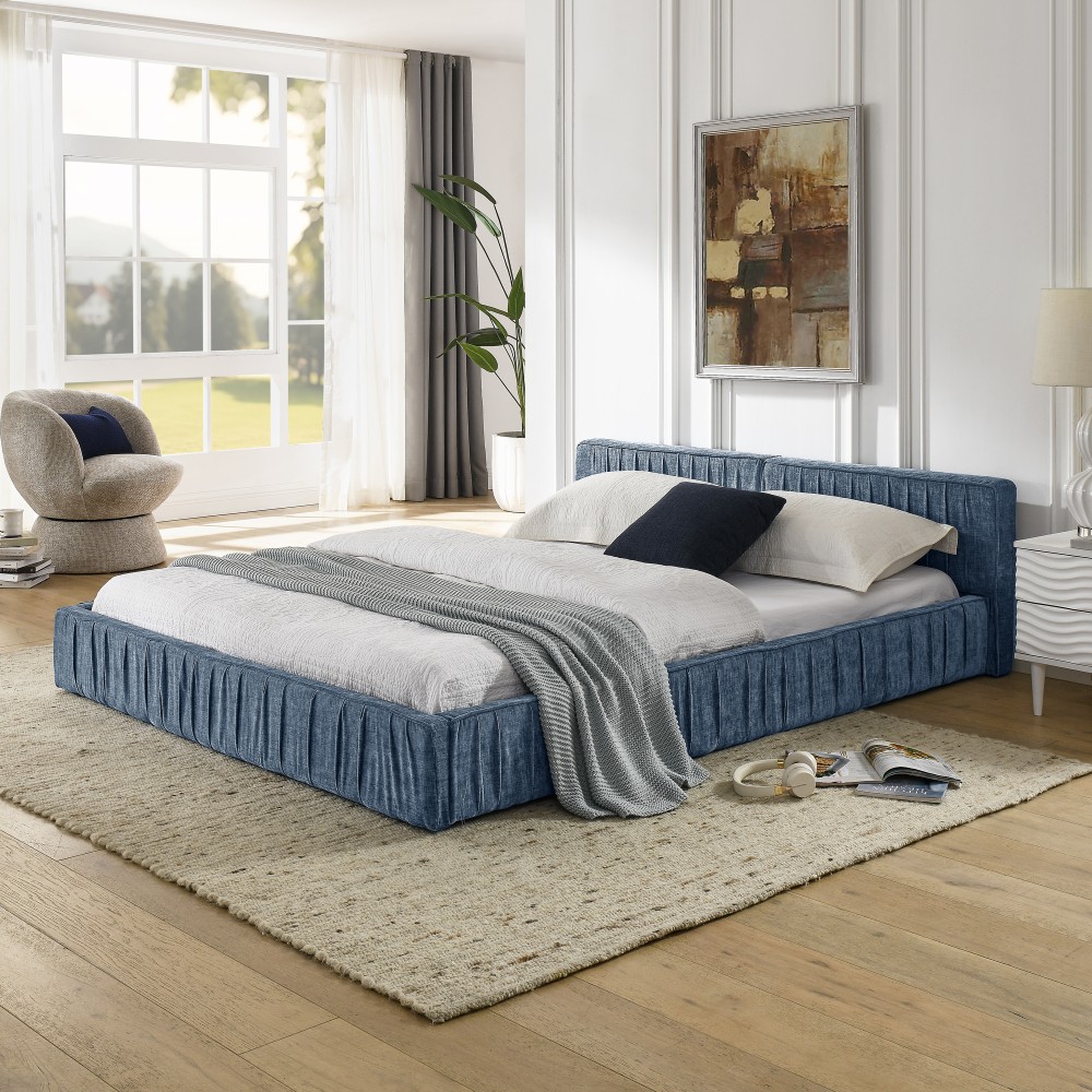 Queen Upholstered Bed Frame w/ Headboard & Platform Base, Beige