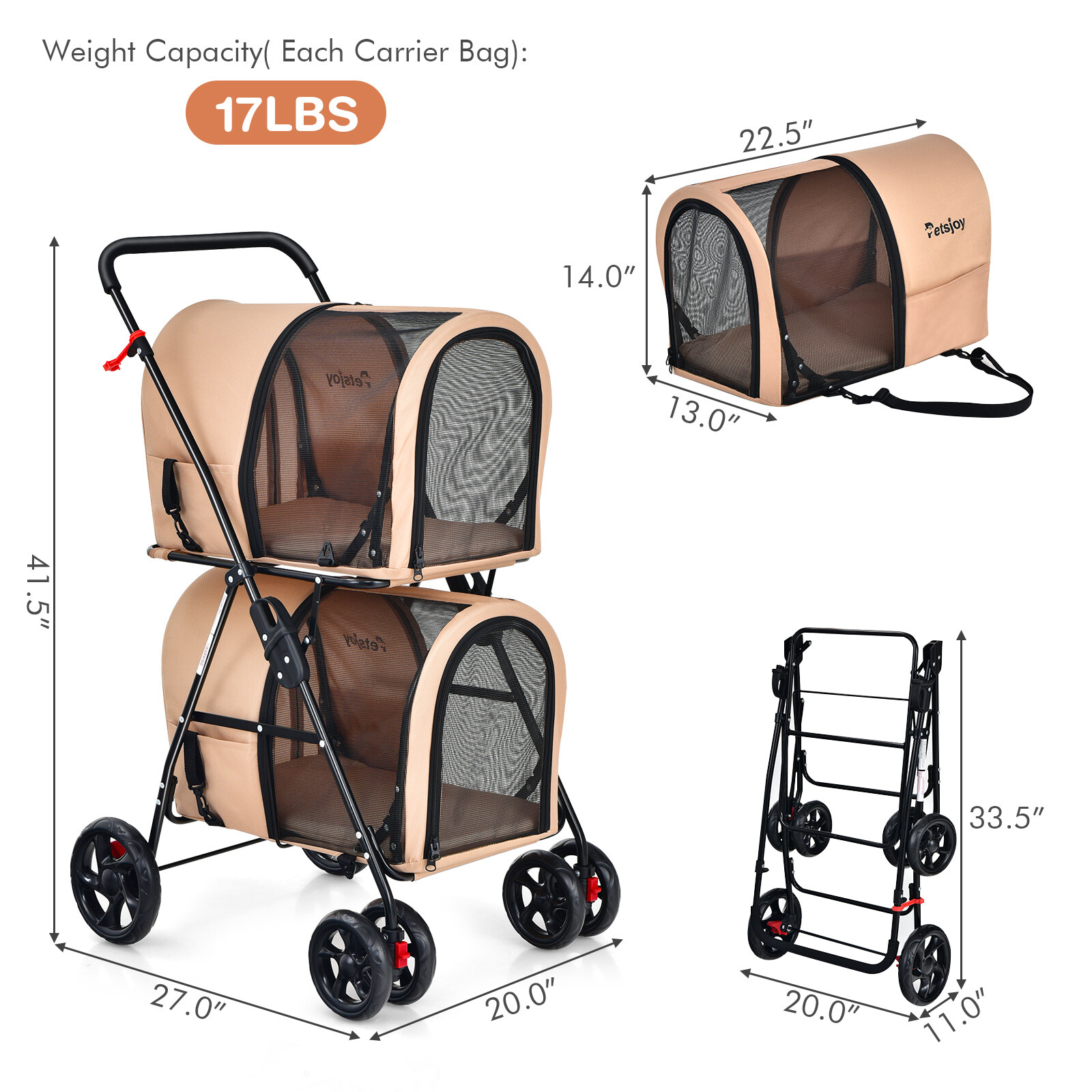 4-in-1 Double Pet Stroller w/ Detachable Carrier Travel Carriage for Cats Beige