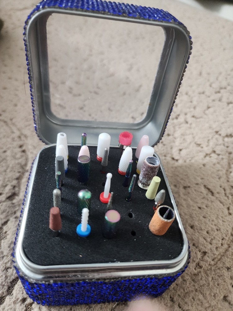 Blue Rhinestone Portable Nail Drill Bits Set with Case