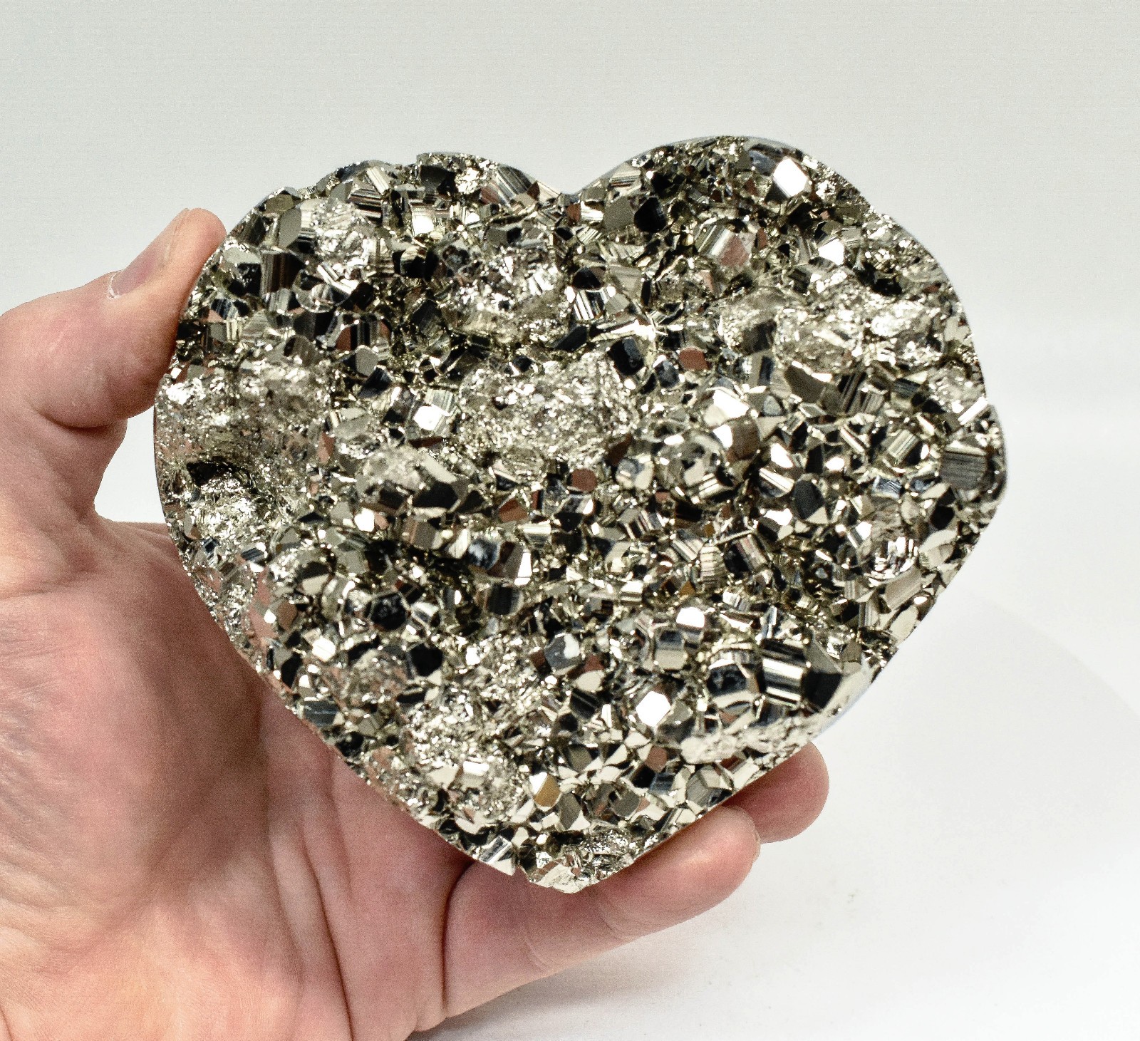 4.37" Polished PYRITE CRYSTAL HEART Carving Huanzala mine, Peru T706