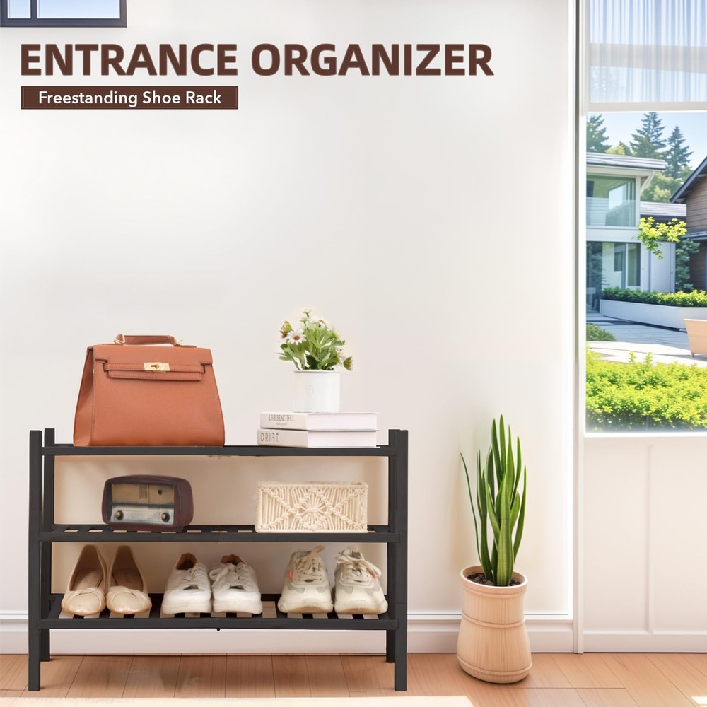 3 Tier Bamboo Shoe Rack Storage Organizer for Closet, Multifunctional Stackab...