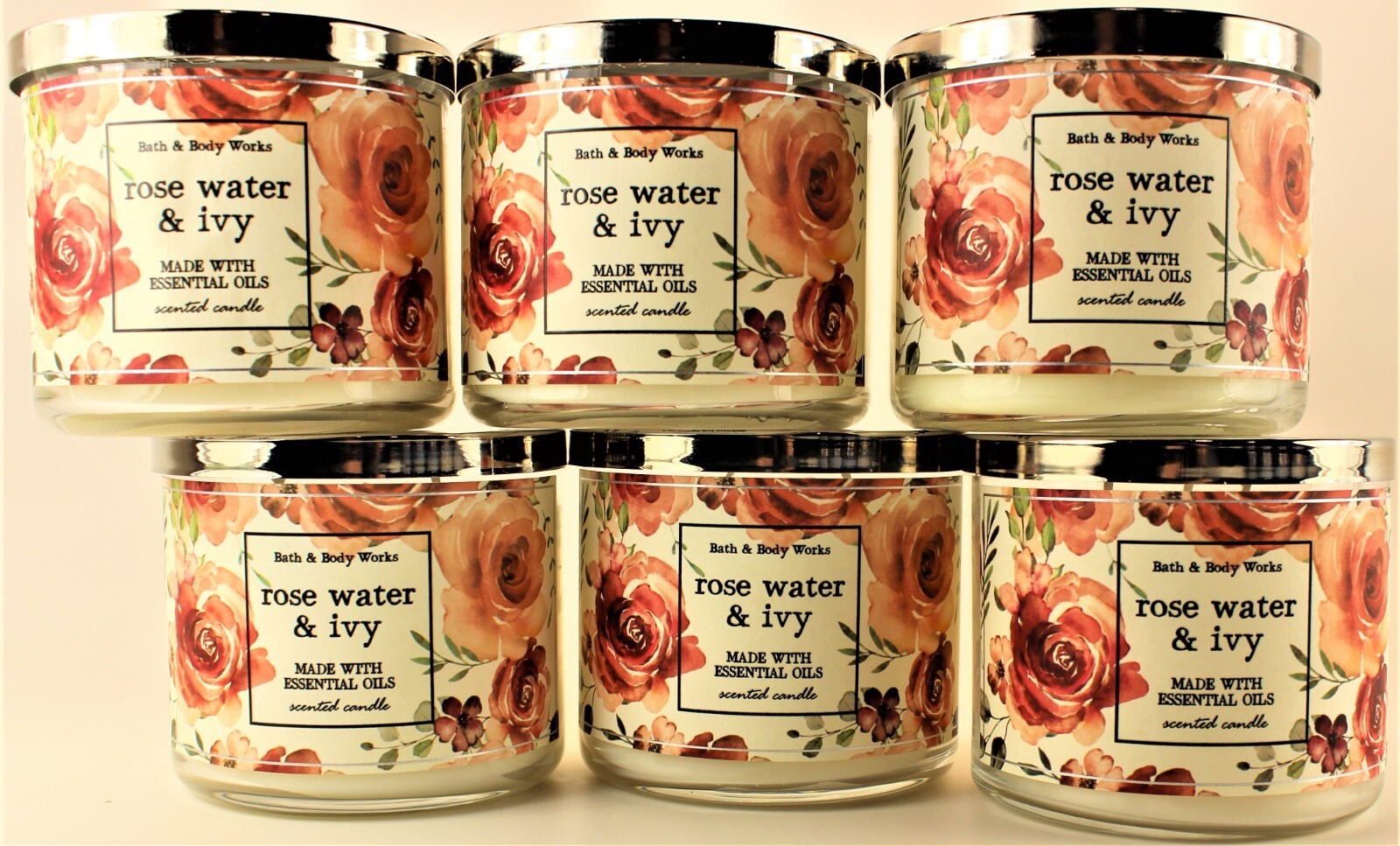 QTY 6 - Bath & Body Works ROSE WATER & IVY 3 Wick 14.5 Oz Scented Candle