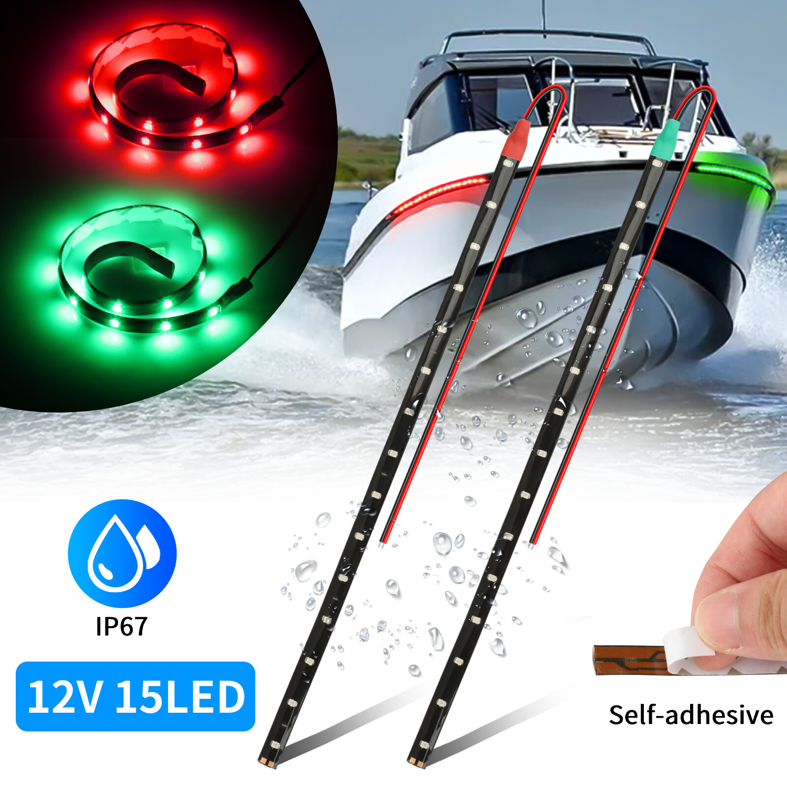 12" Red Green Submersible Navigation Light Marine Boat Bow LED Strip Waterproof