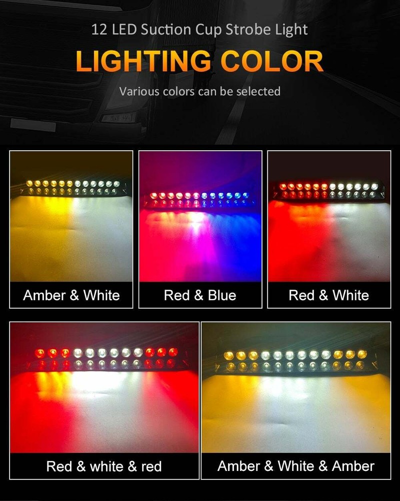 12 LED Strobe Light Emergency Suction Cup 14 Flash Modes