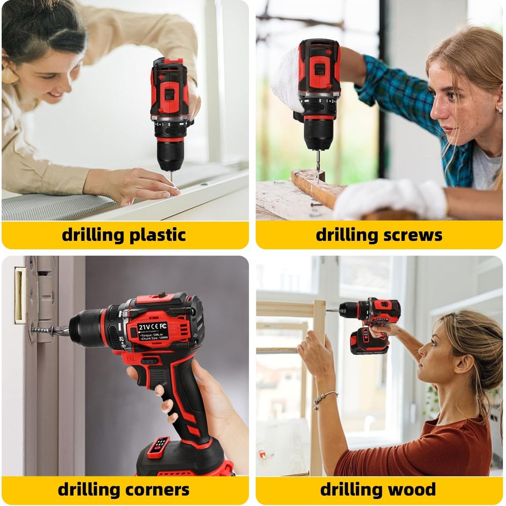 21V Cordless Power Drill/Driver Set, 2 Variable Speeds with LED Light, 3/8" K...