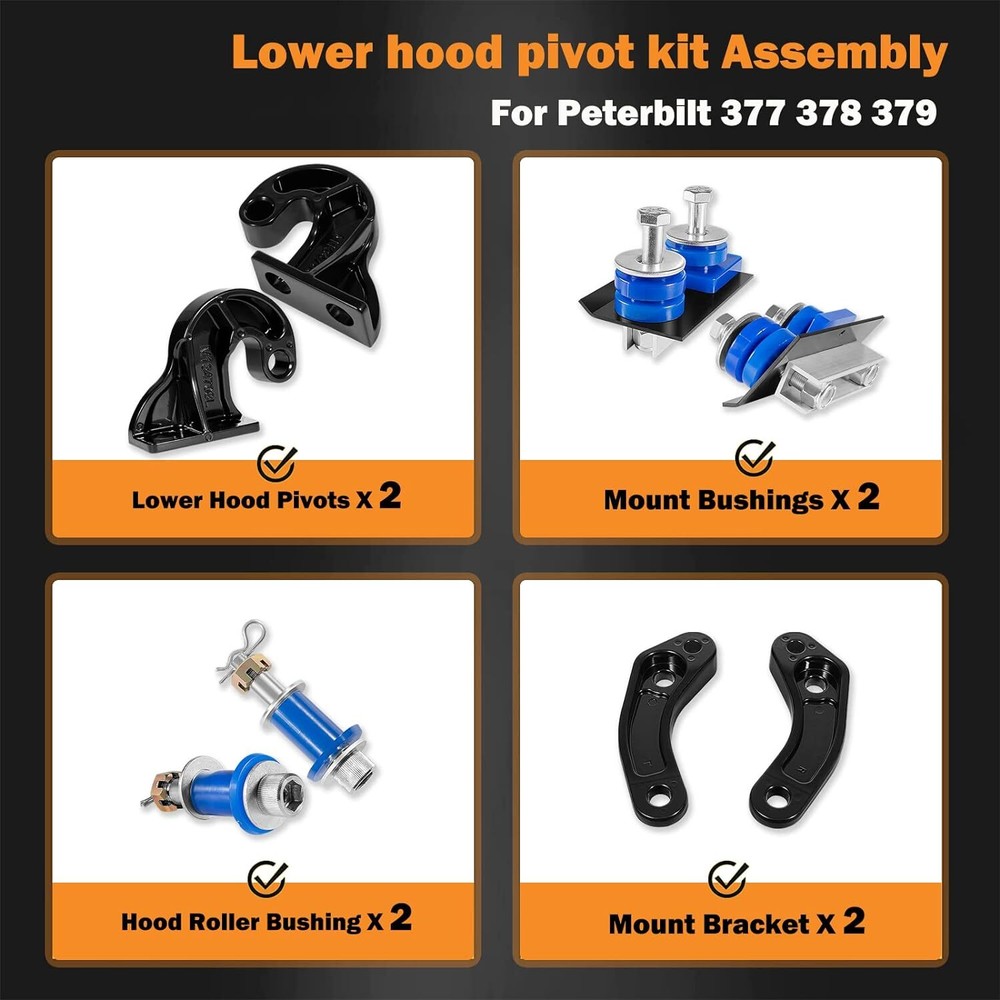 For Peterbilt Lower Hood Pivot Kit & Hood Hinge Pivot Bolt Bushing Bracket Kit