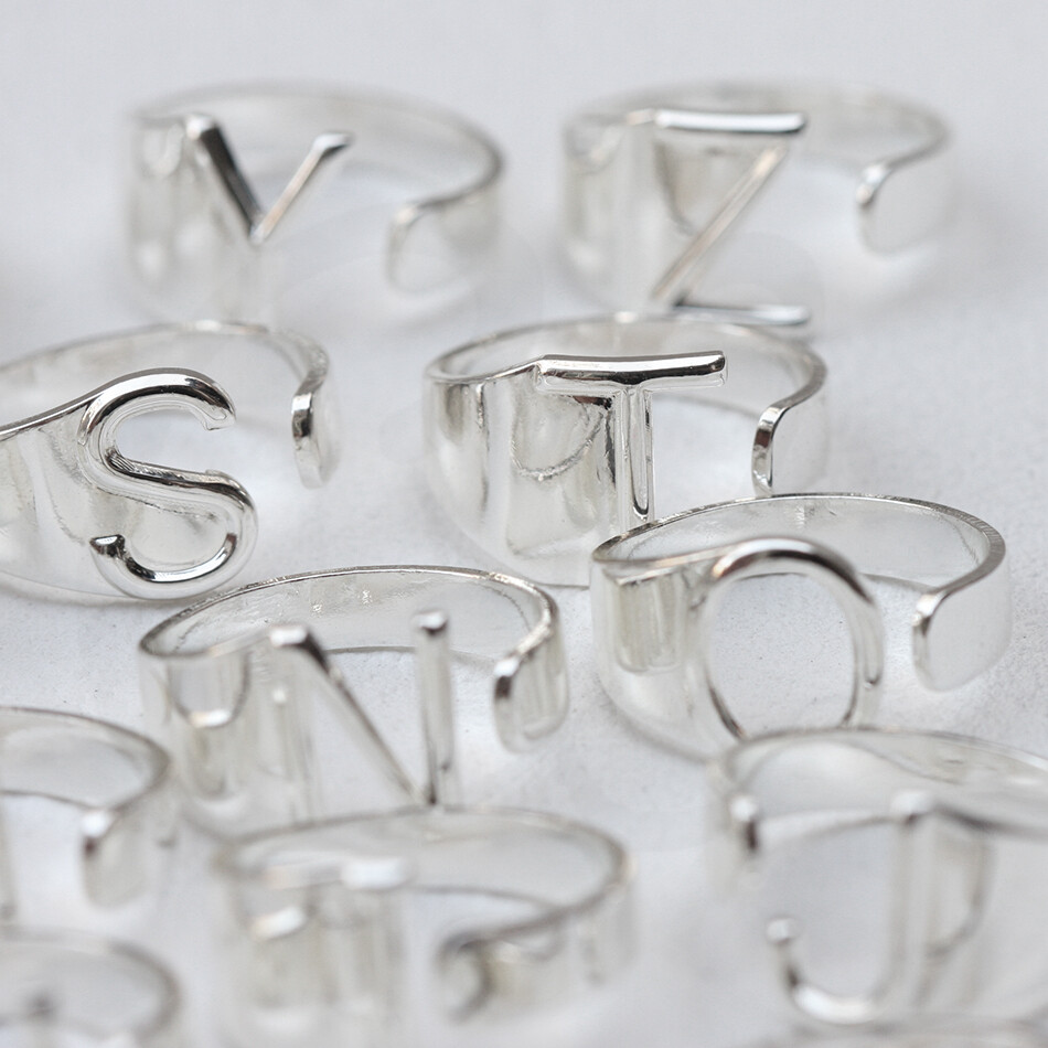 2 Pieces Silver Plated Brass Alphabet Finger Ring Base- Adjustable 4532C