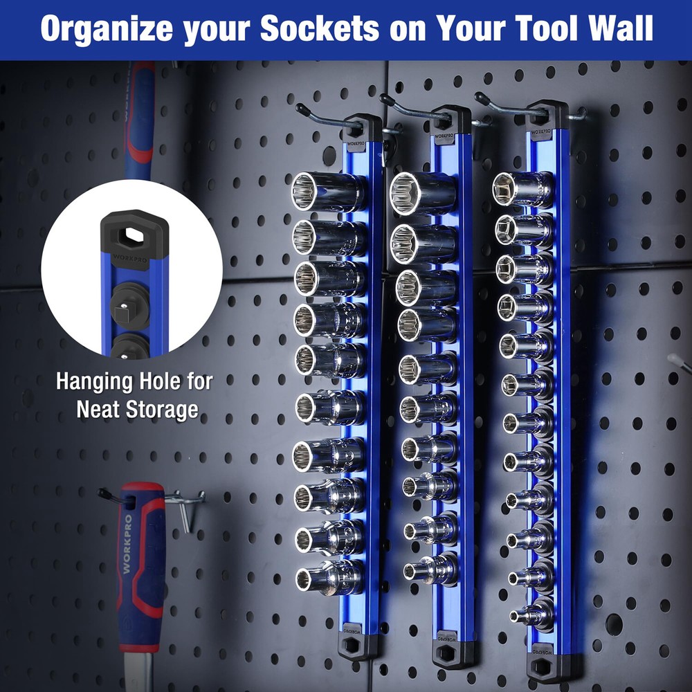 WORKPRO 1/2 Drive Magnetic Socket Organizer Heavy Duty Socket Rail Socket Holder