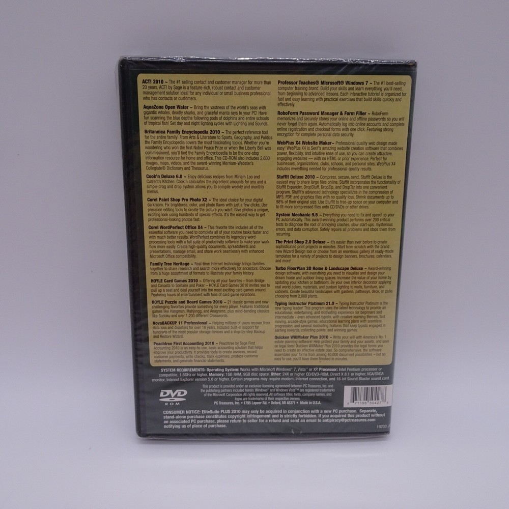 Elite Suite Plus 2010 (DVD ROM, PC Treasures) New Sealed