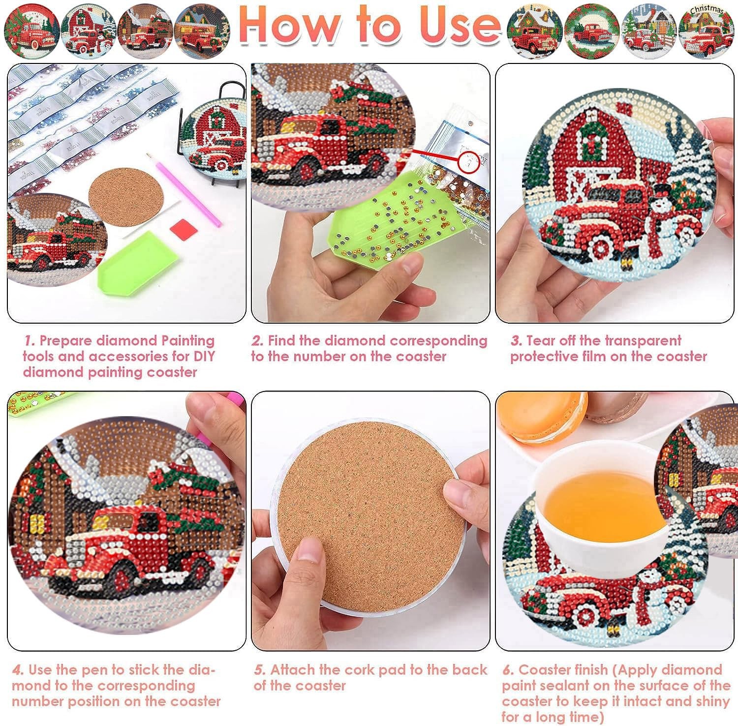 ijbnhd 8 PCS Christmas Diamond Art Coasters Kit, 4X4X0.1, Truck