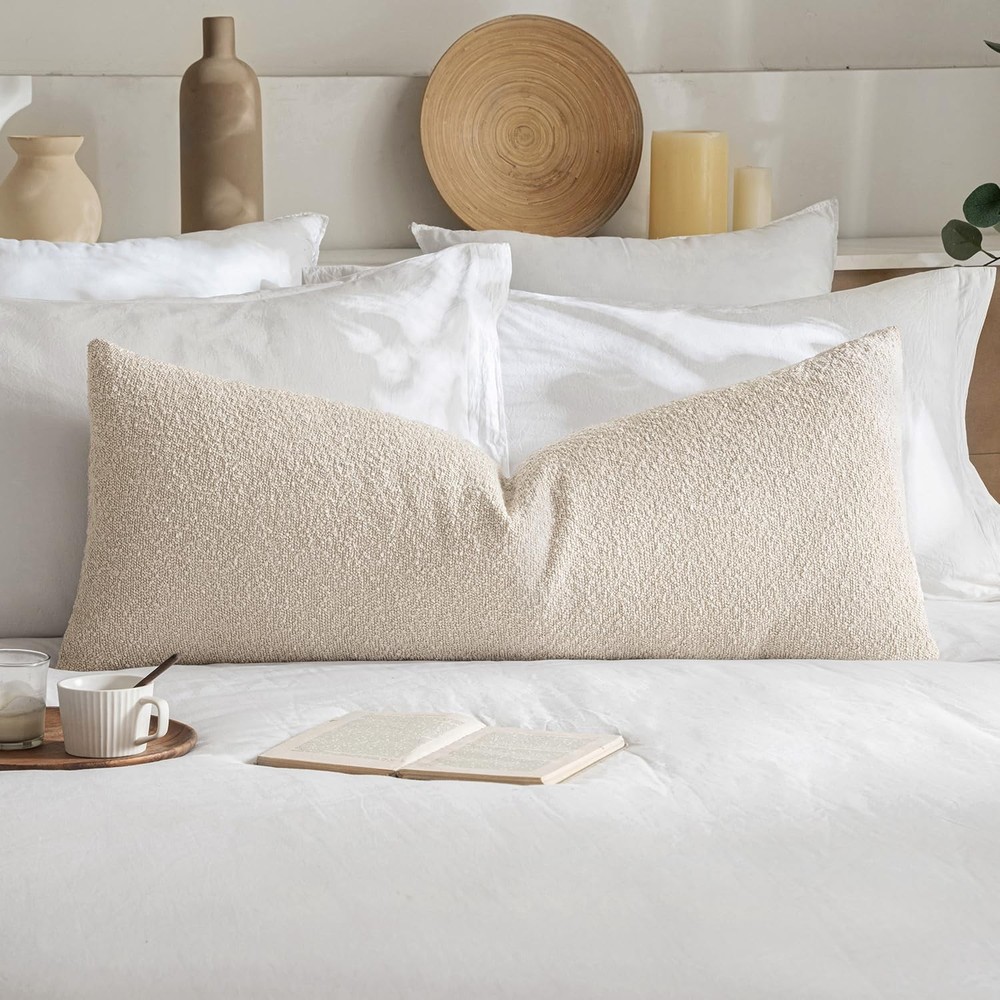 Textured Boucle Throw Pillow Cover Beige Accent Solid Lumbar Pillow Case Deco...