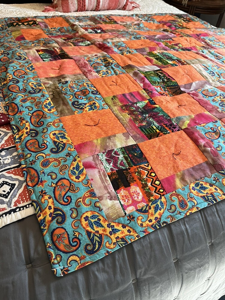Handmade Patchwork Quilt Vibrant Orange Lap Quilt 44”