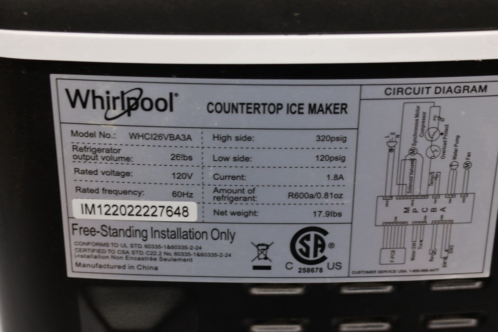 WHIRLPOOL WHCI26VBA3A COUNTERTOP ICE MAKER Black