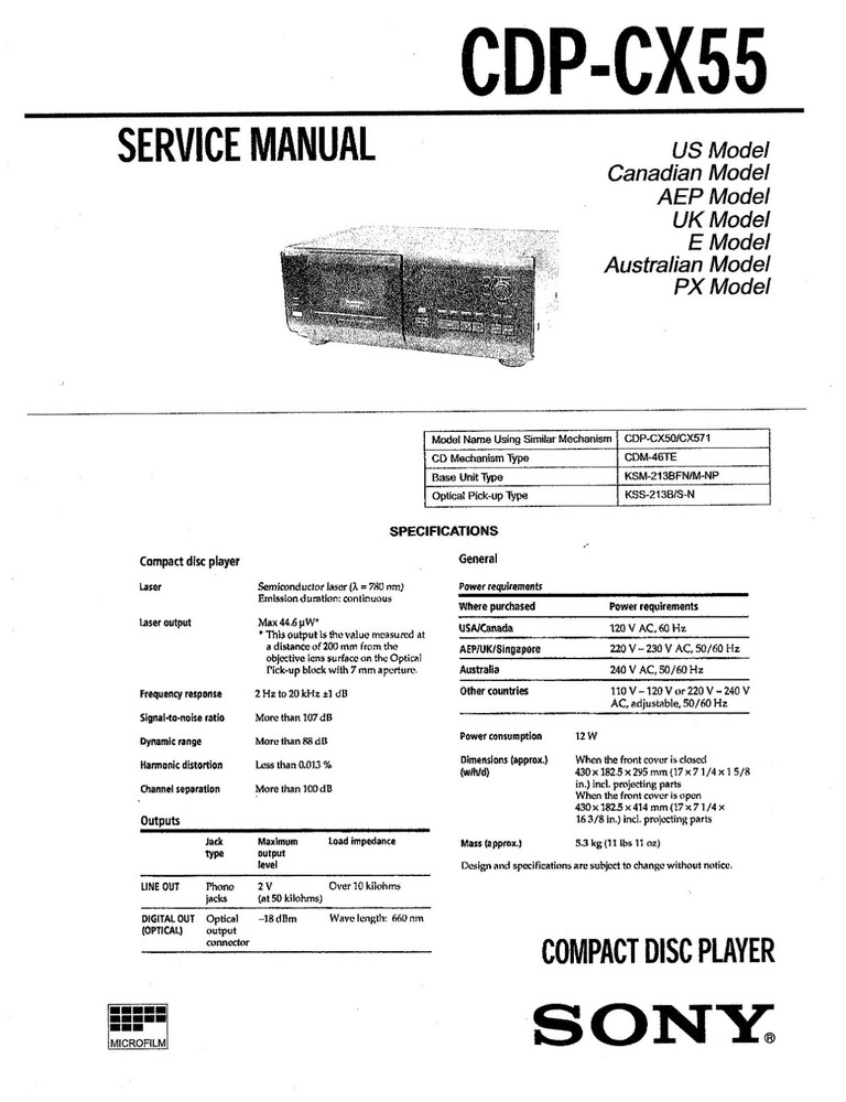 SONY CDP-CX55  CD/DVD Service & Operating Manuals  ( On CD )