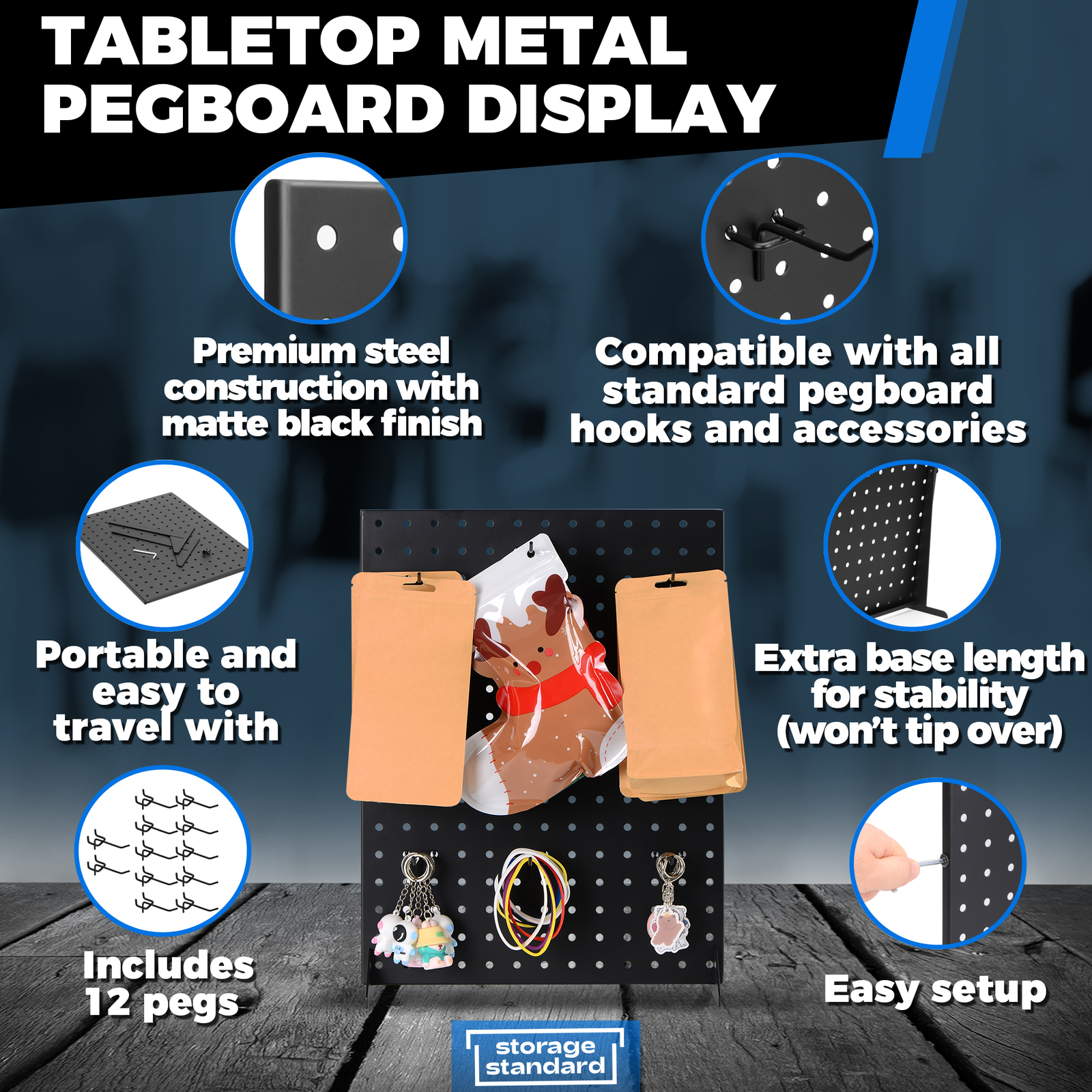 Pegboard Display Stand With 12 Peg Hooks Black Metal 17" x 13" - Retails & Fairs