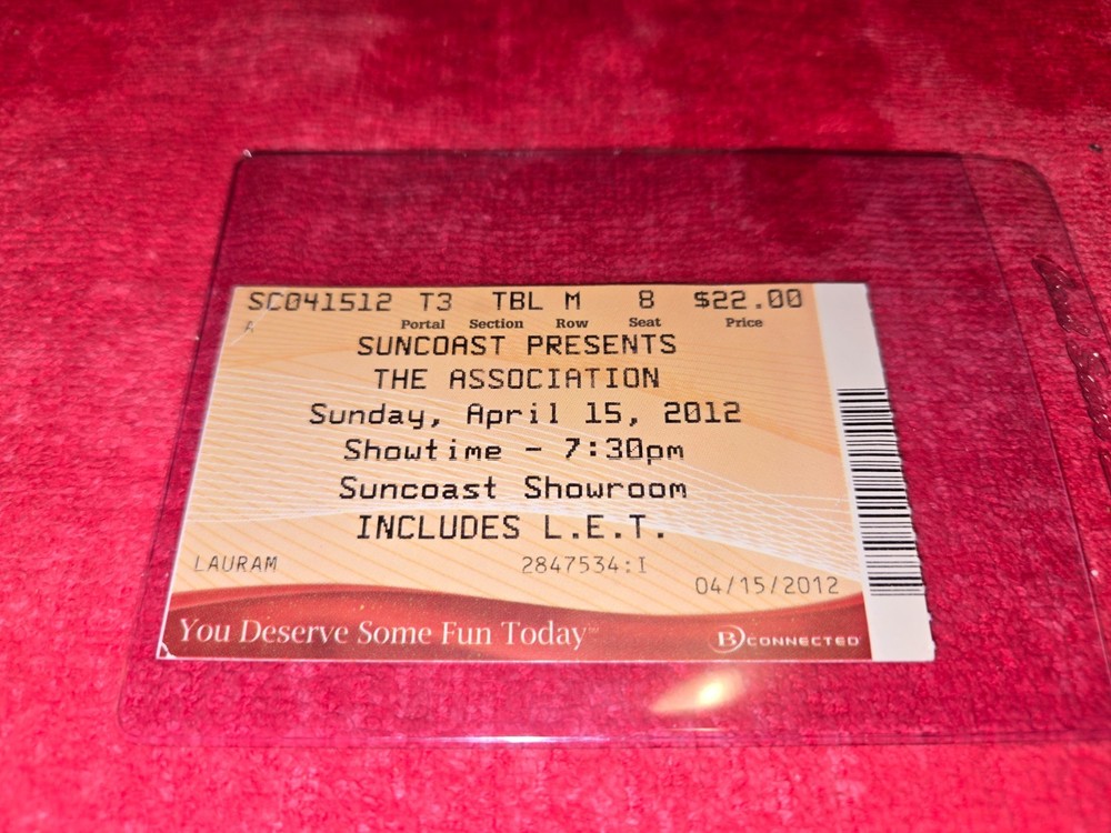 VINTAGE ORIGINAL CONCERT TICKET STUB FOR THE ASSOCIATION APR 15 2012 SUNCOAST
