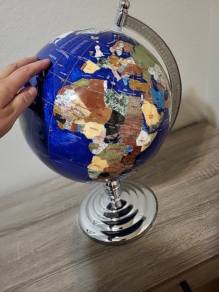 Blue Lapis Semi-Precious Gemstone Table Globe Large Silver Color Stand