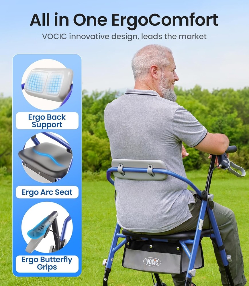 Lightweight Rollator Walker Seat Backrest Foldable All Terrain Adjustable