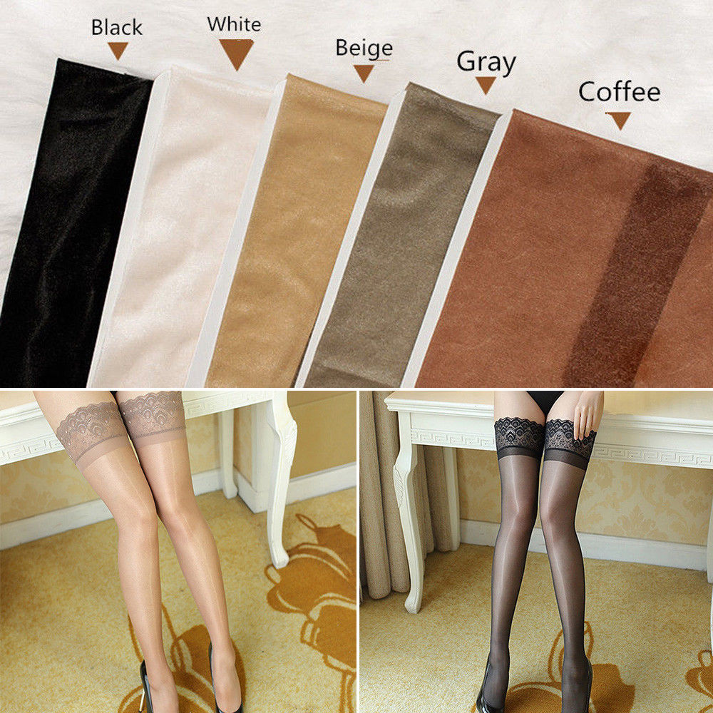 Womens Glossy Oil Shiny Sheer Lace Top Thigh High Silk Stockings Hold Ups