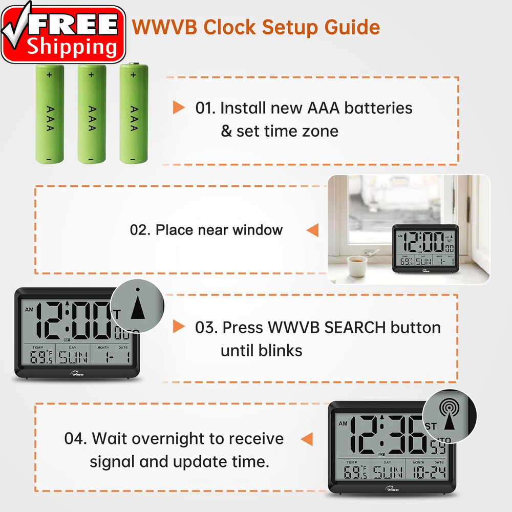 Atomic Digital Wall Clock Battery Operated, Self-Setting, Large Display with Tem