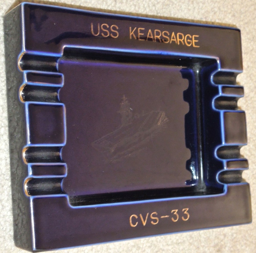 Antique USS Kearsarge CVS-33 Large Cobalt Blue Ceramic Ashtray, Fukagawa Arita