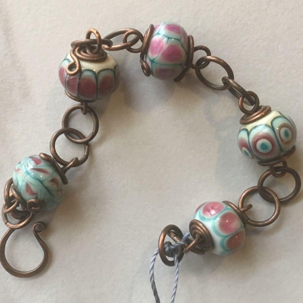 Handcrafted Copper n Lampwork Glass Link Bracelet.