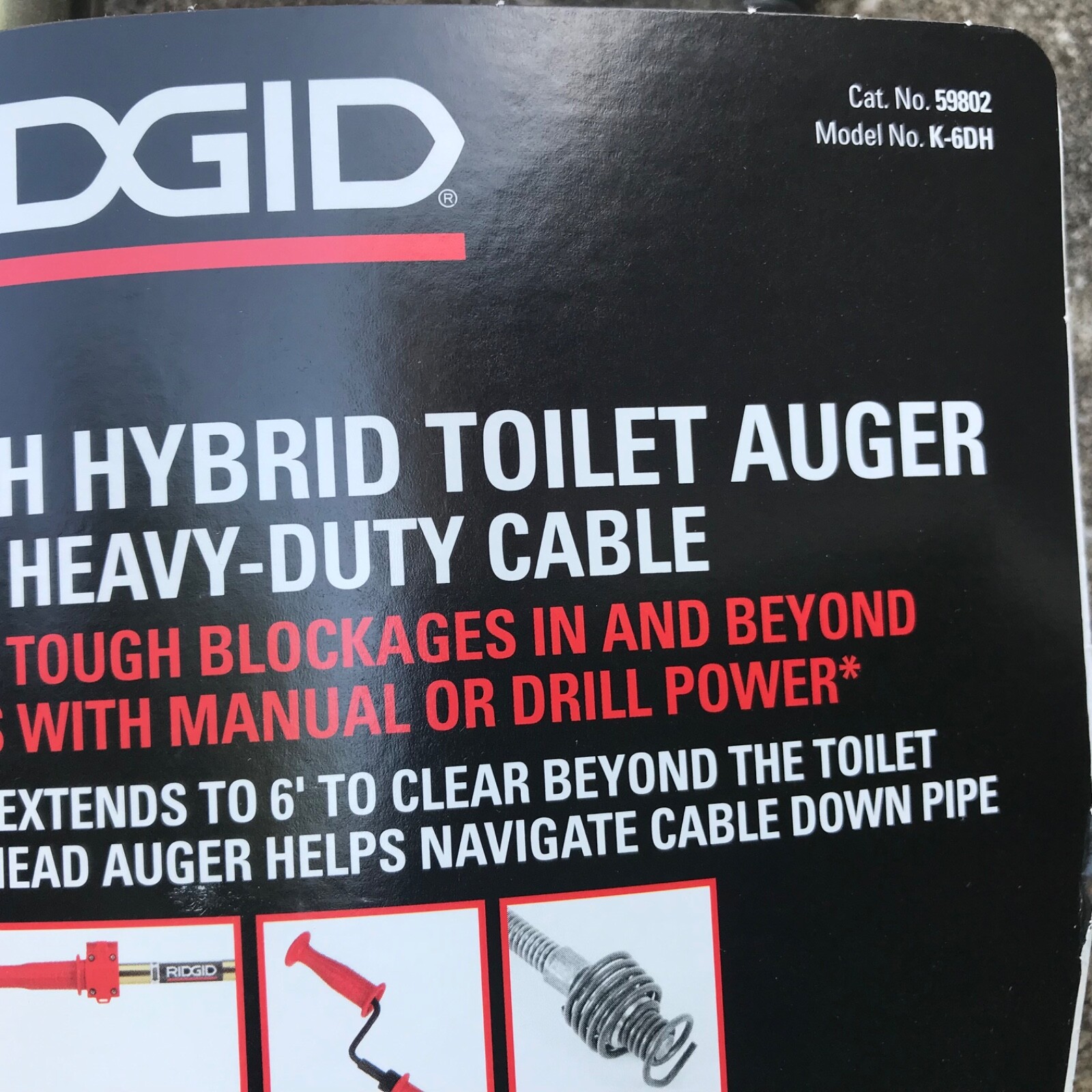 RIDGID 59802 K-6 | 6' Toilet Auger with Drop Head, 6' of 1/2" Tri-Wrap Cable New