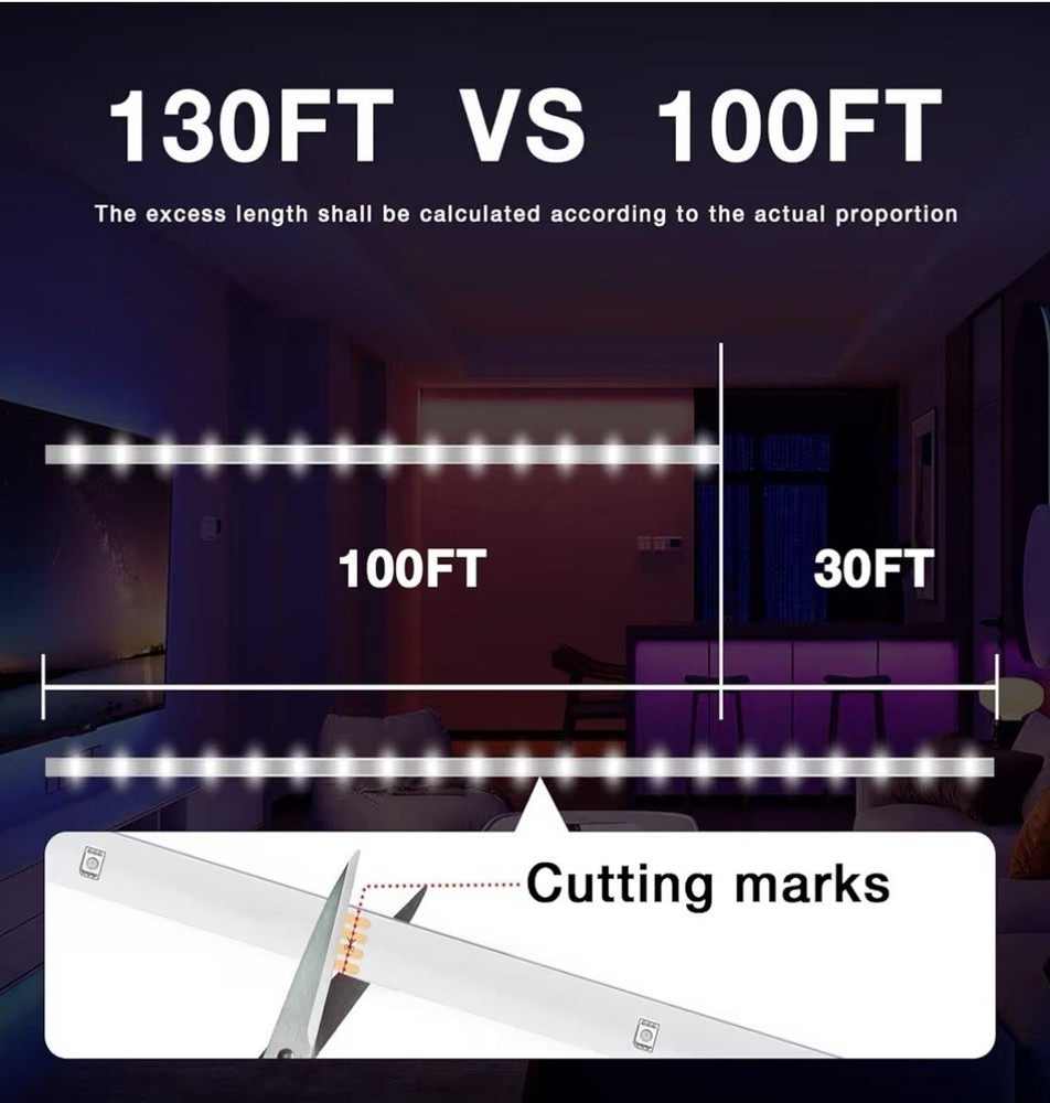 130ft Multicolor LED Light Strip Bluetooth App & Remote Control