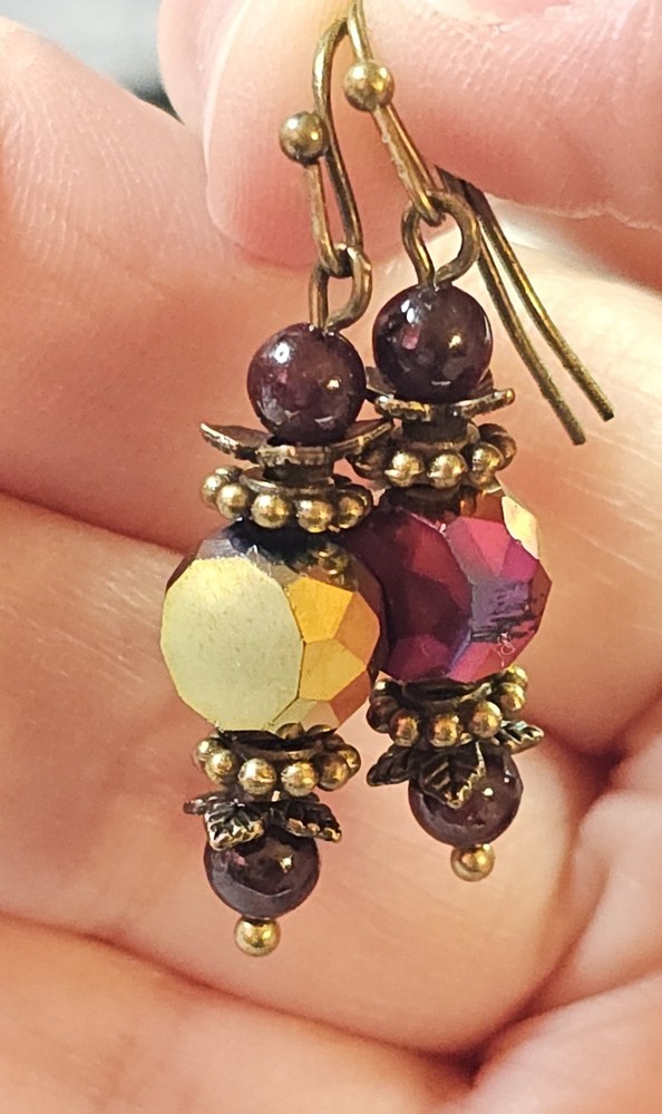 Garnet & Crystal Earrings Antique Bronze Dangle Drop Hook Handmade