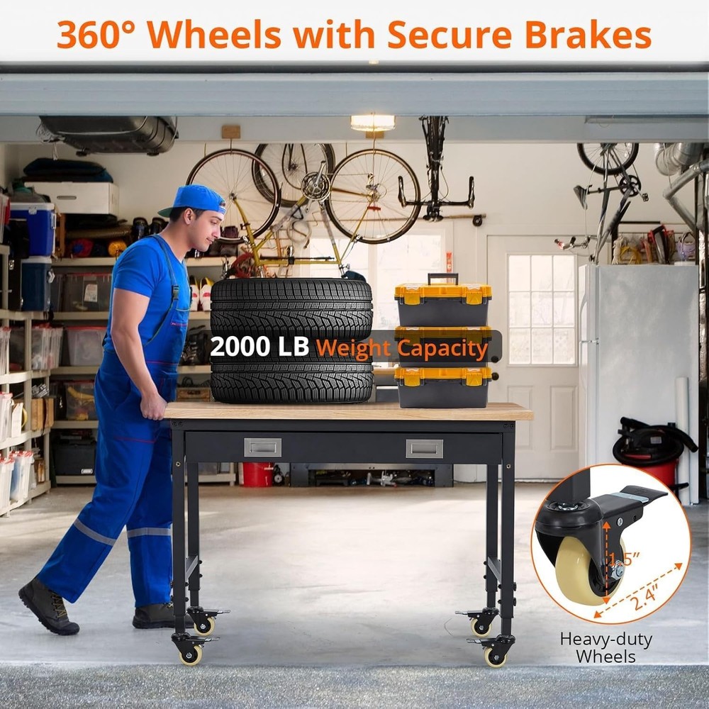 48" Workbench Adjustable Height Workstation with Drawer Storage 2000 LBS Load