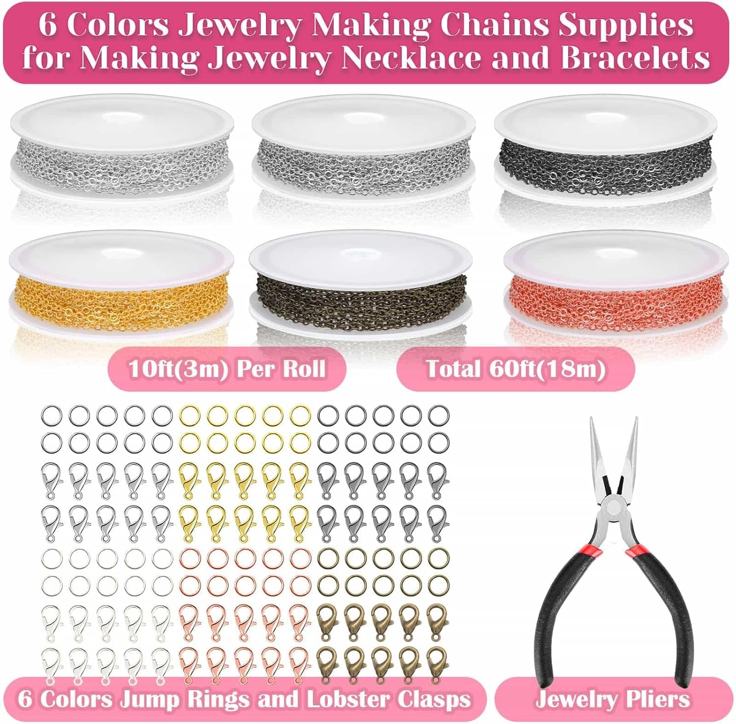 Chains for Jewelry Making, 60ft Jewelry Making Chains for Necklace with Pliers..