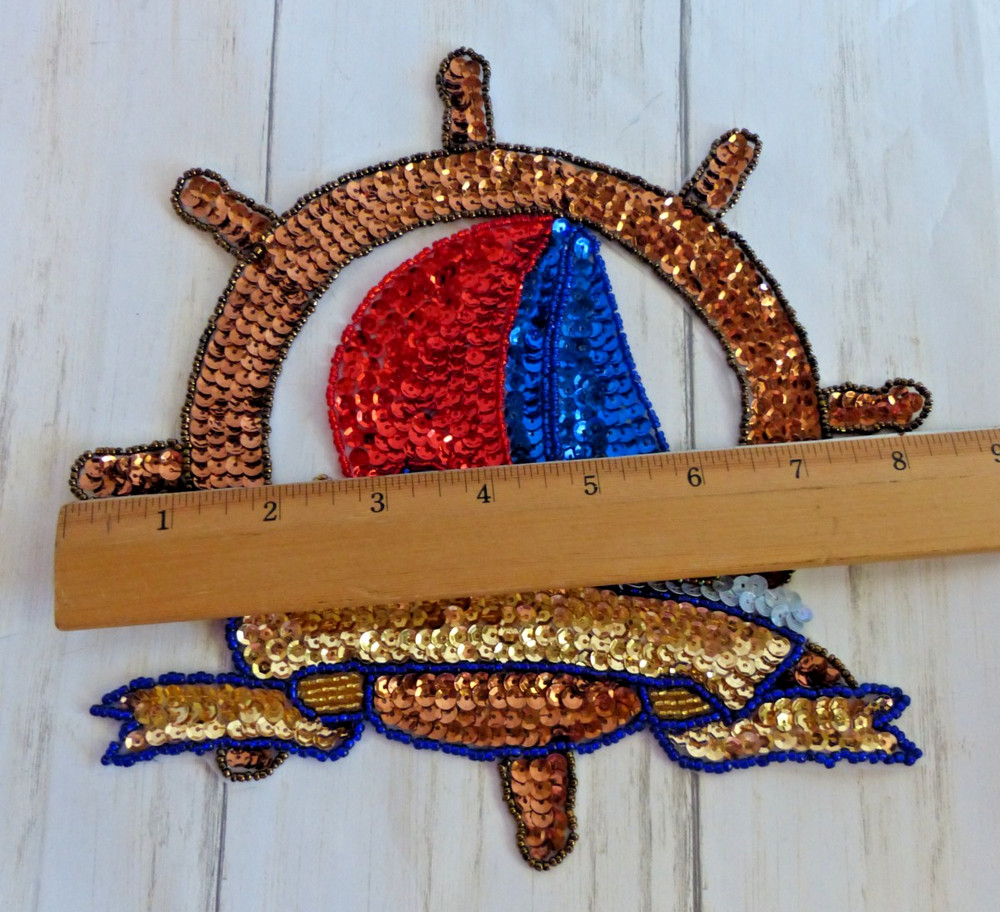 Sequin Applique Nautical Sailboat & Ships Wheel Patch
