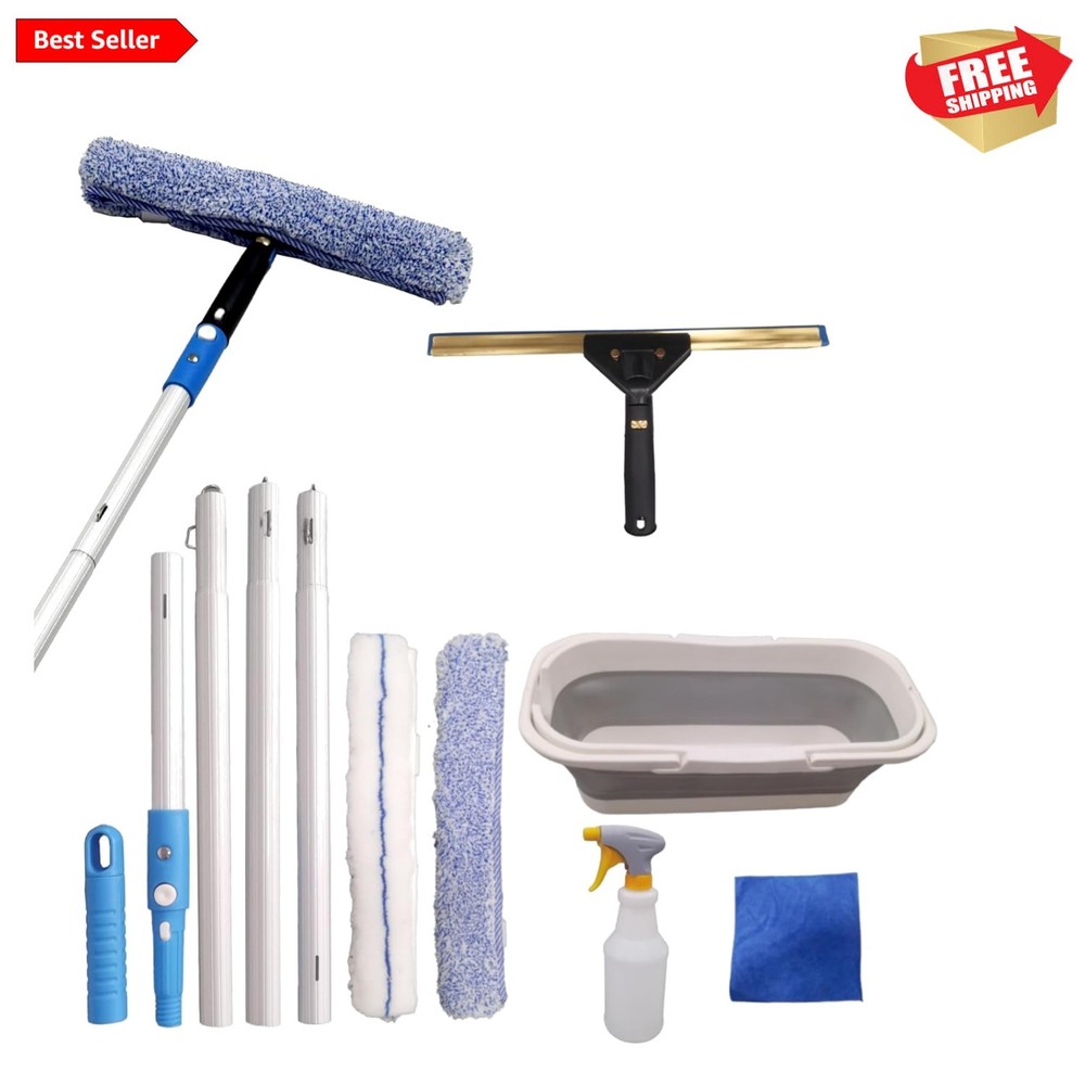 Effortless Clean Squeegee Kit with Adjustable Pole & Microfiber Cloths Inside