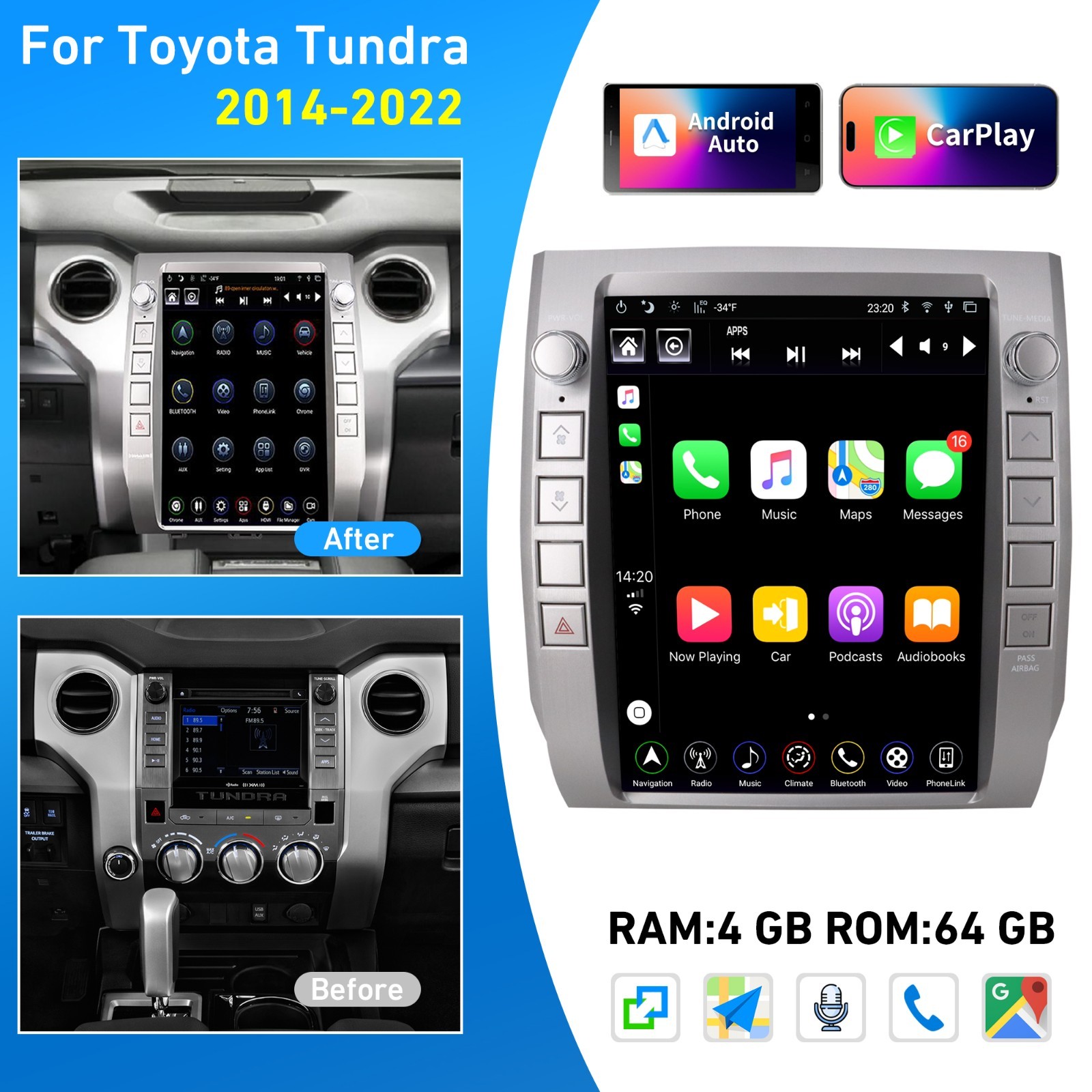 12.1" Car Radio Stereo Unit for Toyota Tundra 2014-2020 Android CarPlay GPS Navi