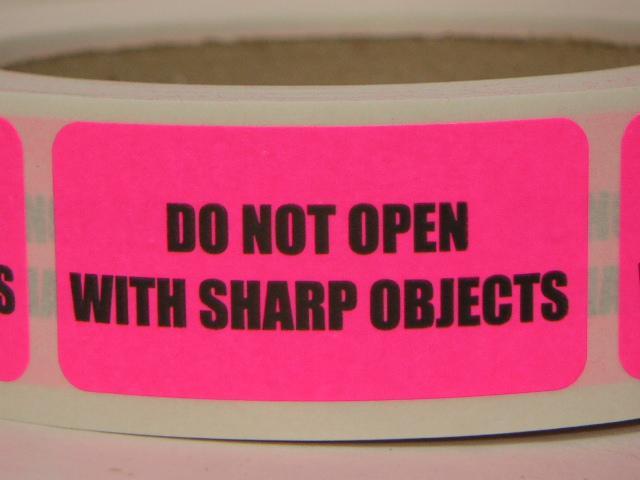 250 Stickers 1x2 Warning Label DO NOT OPEN WITH SHARP OBJECTS fluor. pink