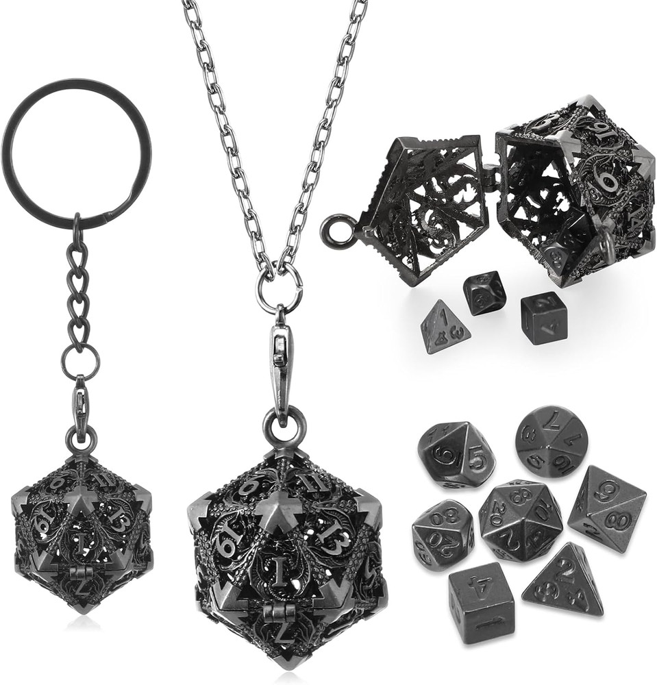 Mini Metal Dice Set 7 Pcs with D20 Necklace Case Keychain RPG Tiny Dice Silver