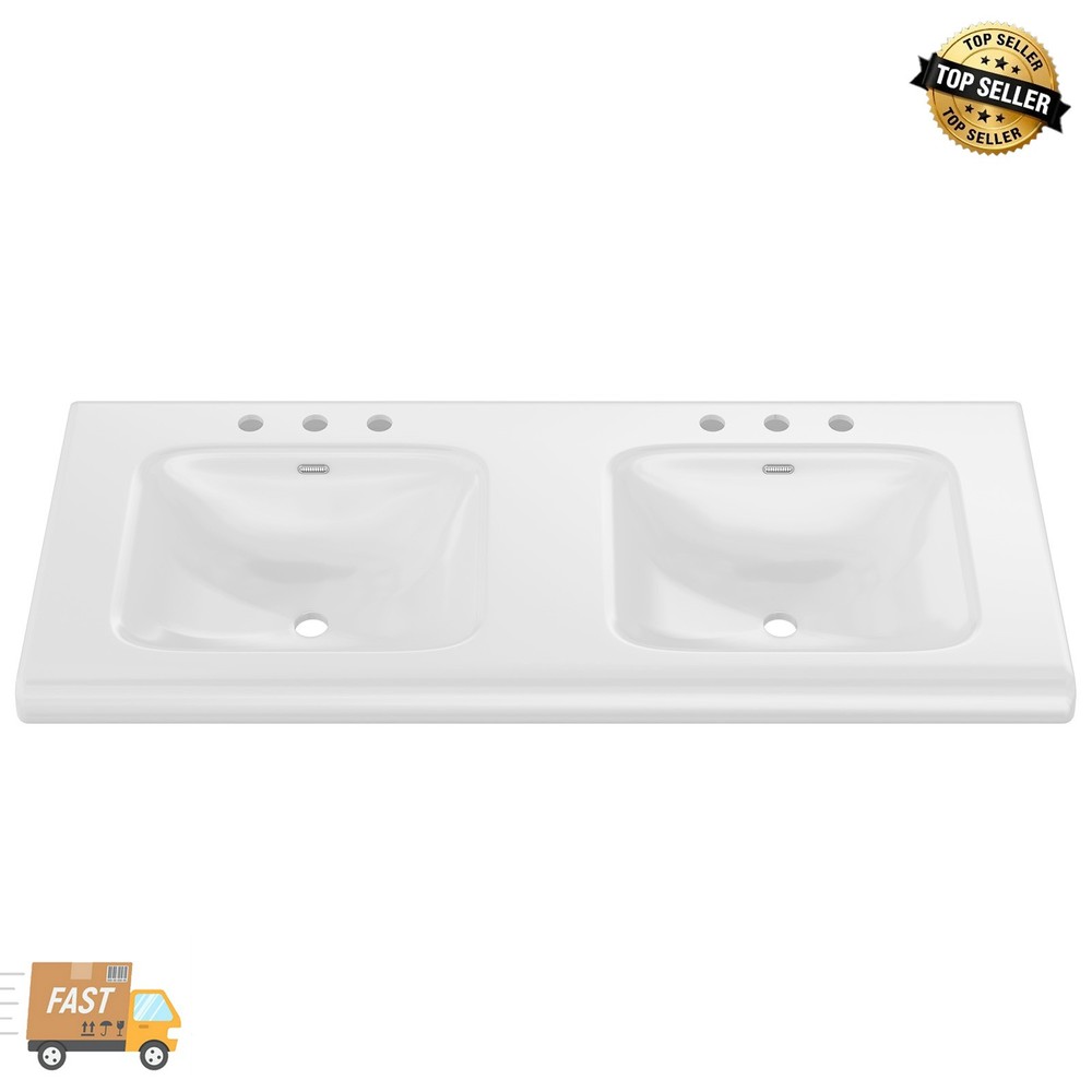 47" White Ceramic Vanity Top, Single Hole Rectangular Sink Basin w/ Faucet Hole