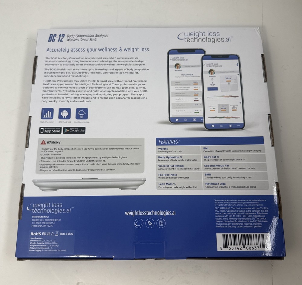 Intelligent Technologies.AI BC-12 Body Composition Analysis Wireless Smart Scale