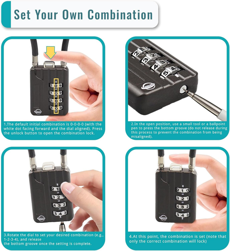 4-Digit Combination Cable Lock 50cm - Re-Settable Security Lock 2-Pack