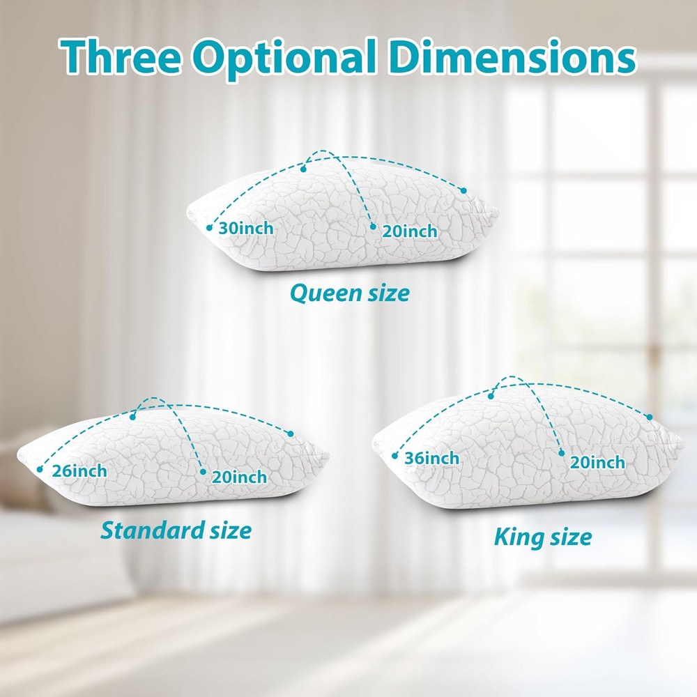 Shredded Memory Foam Pillows Queen Size 2 Pack Cooling Adjustable Firm Support