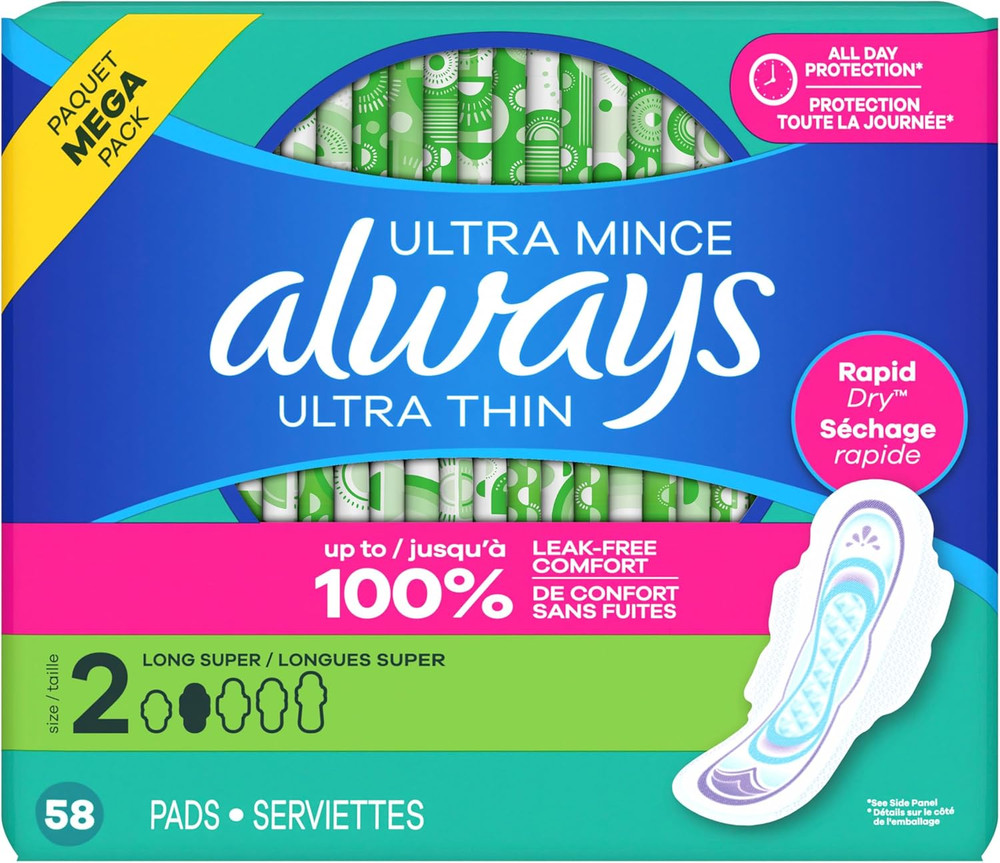 Always Ultra Thin Long Super Pads with Wings, Size 2, 58 Count
