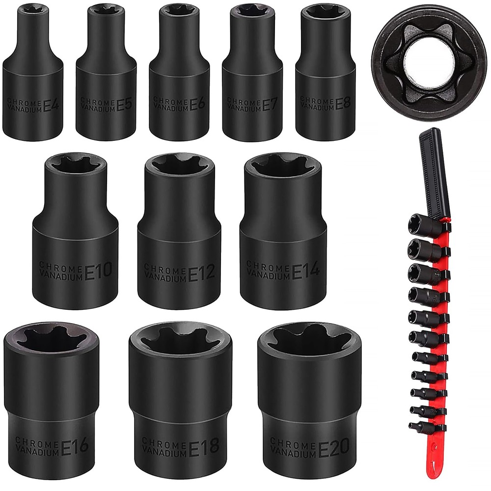 SEDY 11-Piece E-Torx Socket Set E4 E5 E6 E7 E8 E10 E12 E14 E16 E18 E20, Black