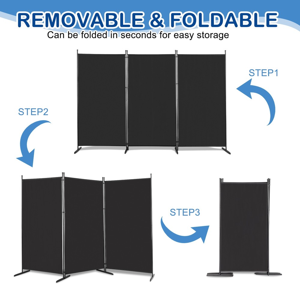 Fabric Plastic Base Carbon Steel Frame Foldable Screen, Black