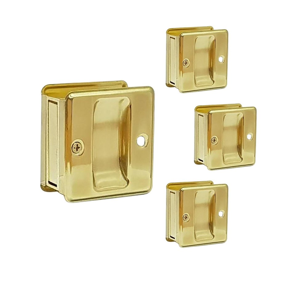 QCAA Solid Brass Sliding Door Pull Passage Door Pocket, Polished Brass, 4 Pack,