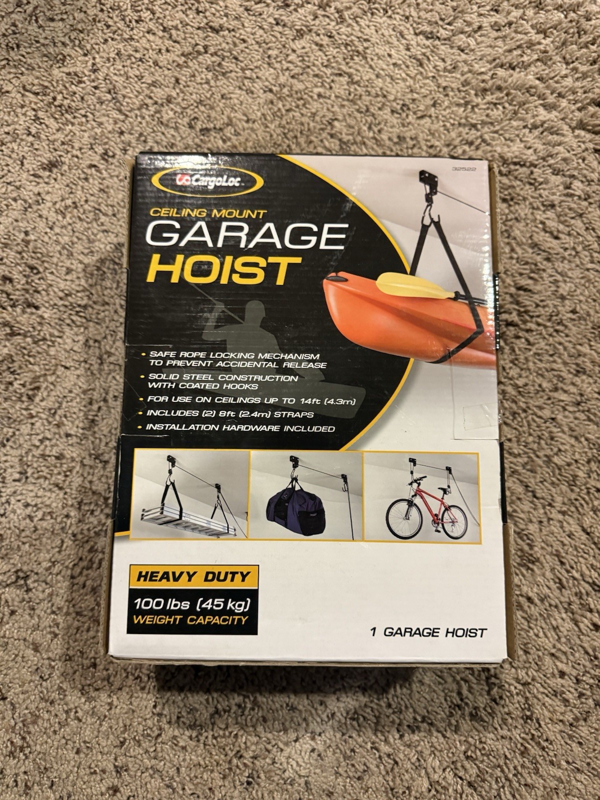 Cargoloc Heavy Duty Garage Hoist 100lbs Ceiling Mount for Kayak Bicycle