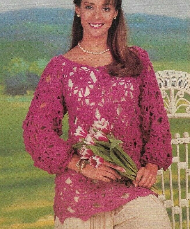 ROMANTIC ROSE PULLOVER SWEATER 4 SIZES DIGEST SIZE CROCHET PATTERN INSTRUCTIONS