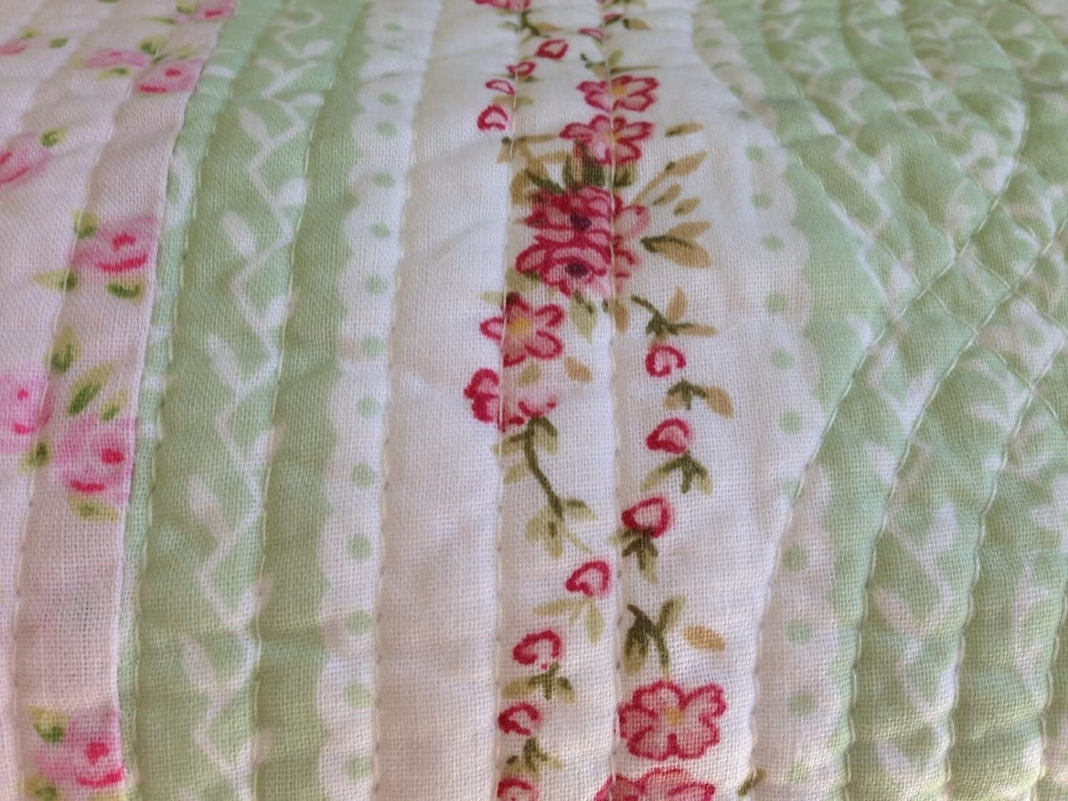 COZY COTTAGE WILD ROSE 3pc Queen QUILT SET : COTTON VINTAGE PINK GREEN BLUE
