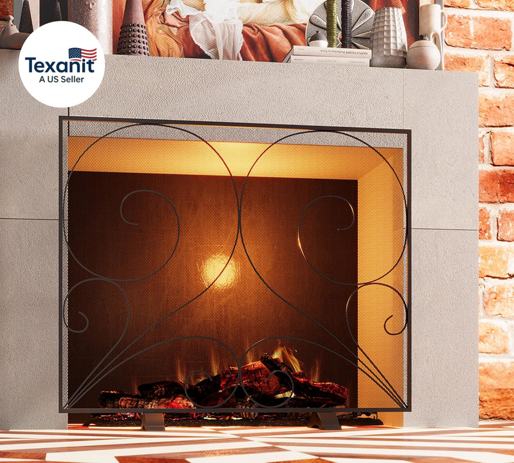 Single Panel Fireplace Screen Handcrafted Solid Wrought Iron Mesh, Heat-Resistan